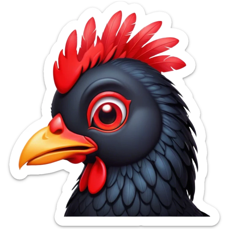 Cinematic Cute Black Chicken Portrait Emoji, Head tilted playfully and inquisitively, featuring sleek, lustrous black feathers and a vibrant red comb, round, sparkling beady eyes filled with curiosity, Simplified yet irresistibly adorable features, highly detailed, glowing with a warm, friendly glow, high shine, affectionate and lively, stylized with a touch of whimsical charm, bright and endearing, soft glowing outline, capturing the essence of a mischievous yet loving chicken, so playful it feels like it could peck out of the screen and into your arms! sticker