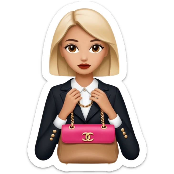 fashionable girl with Chanel and Dior bags in her hands, iOS 18 emoji style, minimalistic and modern, no text sticker