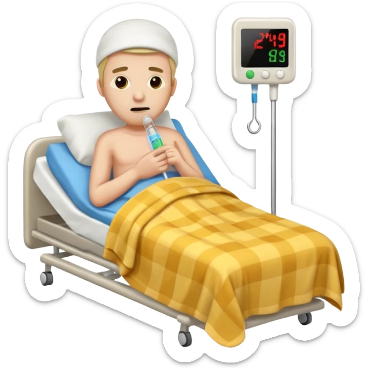 man sick in hospital bed full body thermometer in mouth emoji style blanket covering him sticker