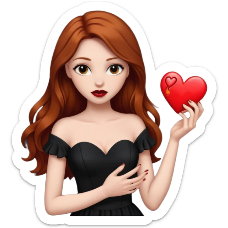  woman flirting long dark ginger hair dark make up holding a broken heart black dress sticker