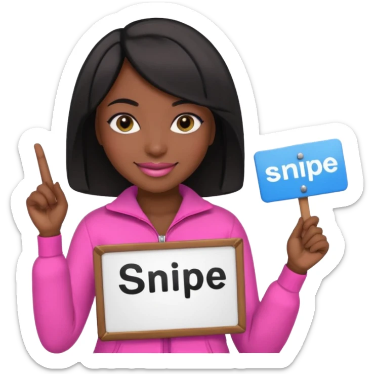 Dark skin woman with black bob in hair holding sign that says snipe  wearing pink outfit  sticker