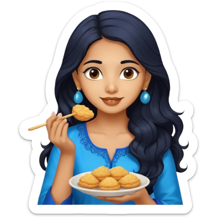 a pretty indian bratz girl with wavy long black hair. eyeliner on, wearing a blue kurti, eating golgappa sticker