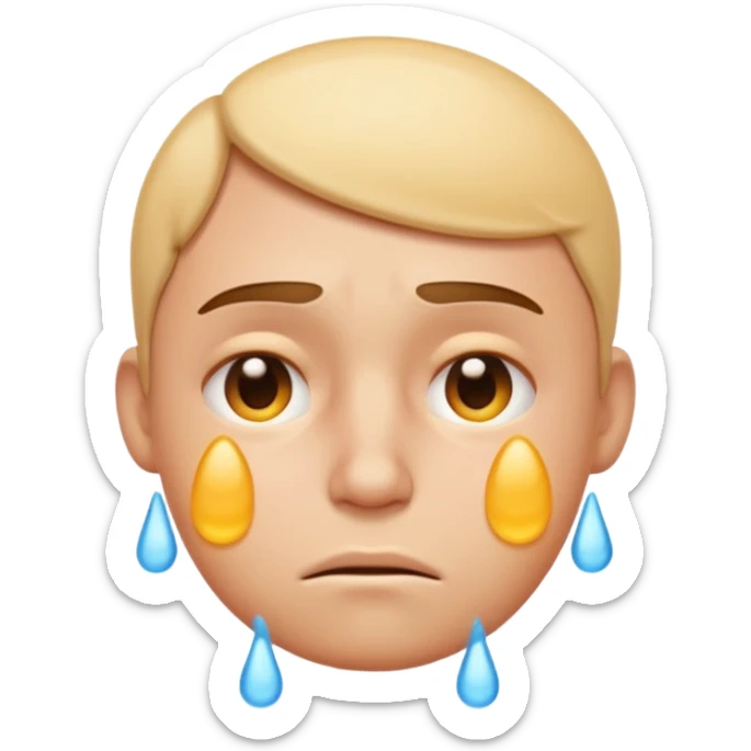 Apple-style emoji illustration of a person, overheated face with sweat drops, expression annoyed, half-closed exhausted eyes, soft 3D emoji style, smooth gradients, rounded shapes, simple expression, centered composition. sticker