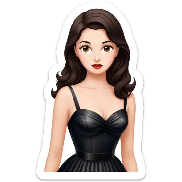 Beautiful woman in 1950’s woman fashion look, black shimmery dress, long dark brown hair, Carbonara sticker