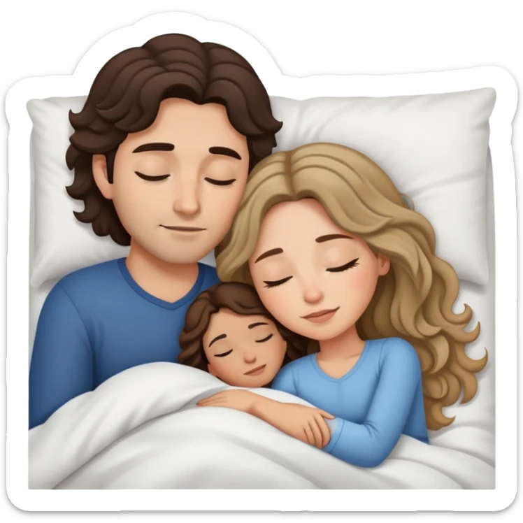 Man with dark brown wavy hair and woman with long dark blond hair in bed cuddling and sleeping  sticker