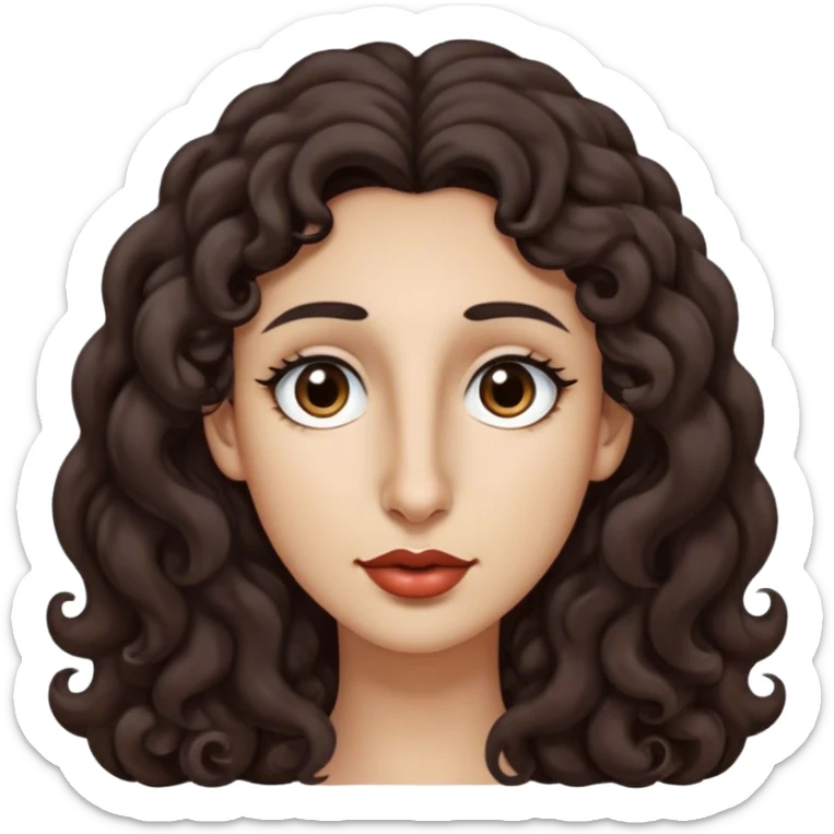 Long dark brown curly hair, long nose, long chin, long face, small dark brown eyes, dark far eyebrows, light medium skin tone, small lips sticker