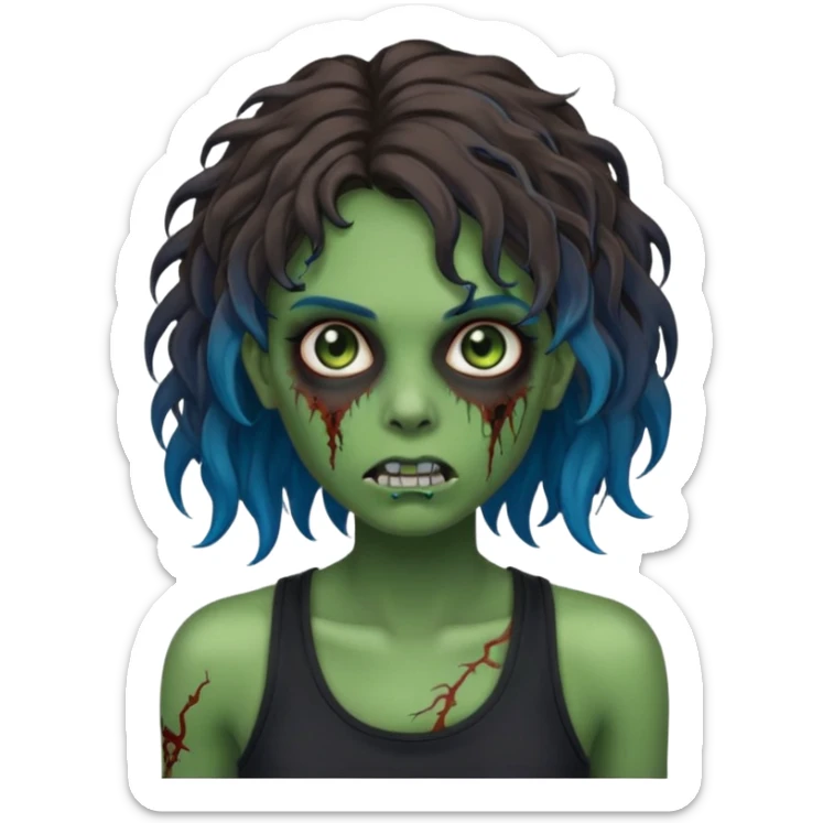 Crie um emoji de uma garota zumbi com a pele verde, como deste emoji "🧟‍♀️". Põem com uma regata de cor preta, os cabelos castanhos na altura do ombro e picotado, liso na raiz e cacheado nas pontas e com mechas azuis sticker