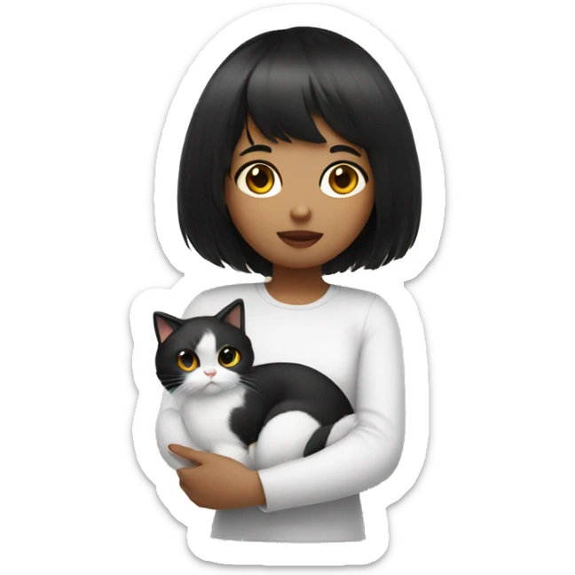 generate an apple emoji of a girl with black hair and bangs holding a white furry cat sticker