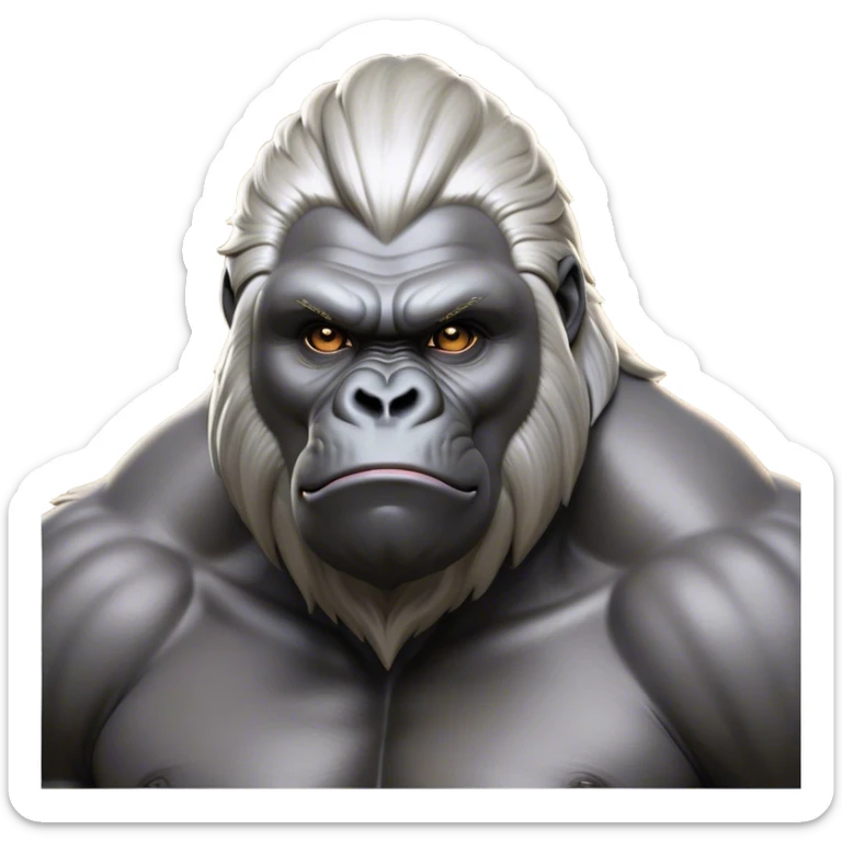 Cinematic Noble Silverback Gorilla Portrait Emoji, Poised and majestic, with a powerful, muscular frame accentuated by a distinguished silver mane and piercing, wise eyes, Simplified yet sharp and sophisticated features, highly detailed, glowing with a soft, regal jungle glow, high shine, intelligent and commanding, stylized with an air of imperial strength, focused and resolute, soft glowing outline, capturing the essence of a watchful guardian that feels as though it could step out of the screen with effortless authority! sticker