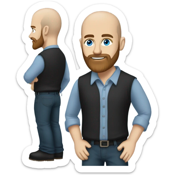 Bald, Caucasian, sky-blue-eyed, Psychotherapist in a modern colorful chair. He has a brown full beard and he’s Wearing a black dress shirt with a subtle pattern, blue jeans and black Chelsea boots with his legs separted leaning forward grey in goatee sticker