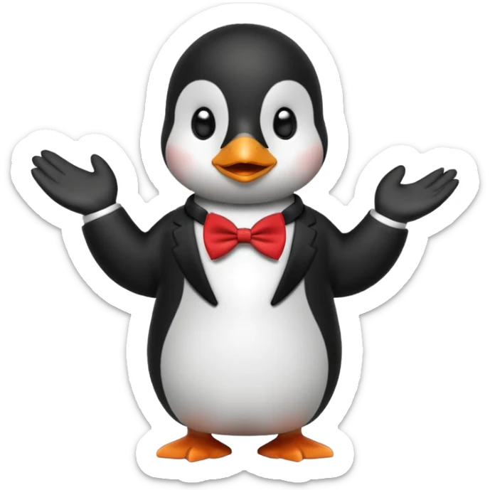 Un pinguino con una pajarita roja haciendo el gesto con la mano de cumplir una promesa. Como este pero con la palma de la mano abierta  sticker