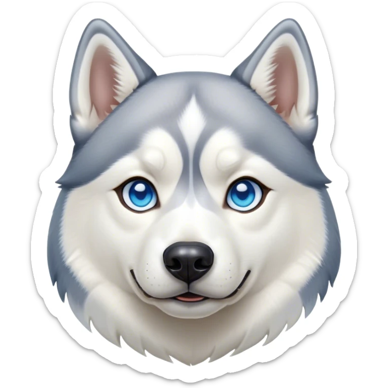 Cinematic Noble Siberian Husky Portrait Emoji, Poised and regal, with a strong, athletic build and a thick, well-groomed grey and white coat, piercing icy blue eyes, Simplified yet sharp and sophisticated features, highly detailed, glowing with a cool, dignified glow, high shine, intelligent and spirited, stylized with an air of endurance, focused and attentive, soft glowing outline, capturing the essence of a watchful and commanding sled dog, so majestic it feels as though it could sprint out of the screen with effortless authority! sticker