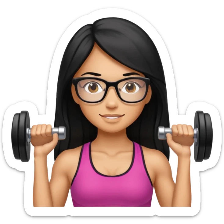 Mujer fitness usando mancuernas con lentes de marco delgado y cabello largo negro sticker