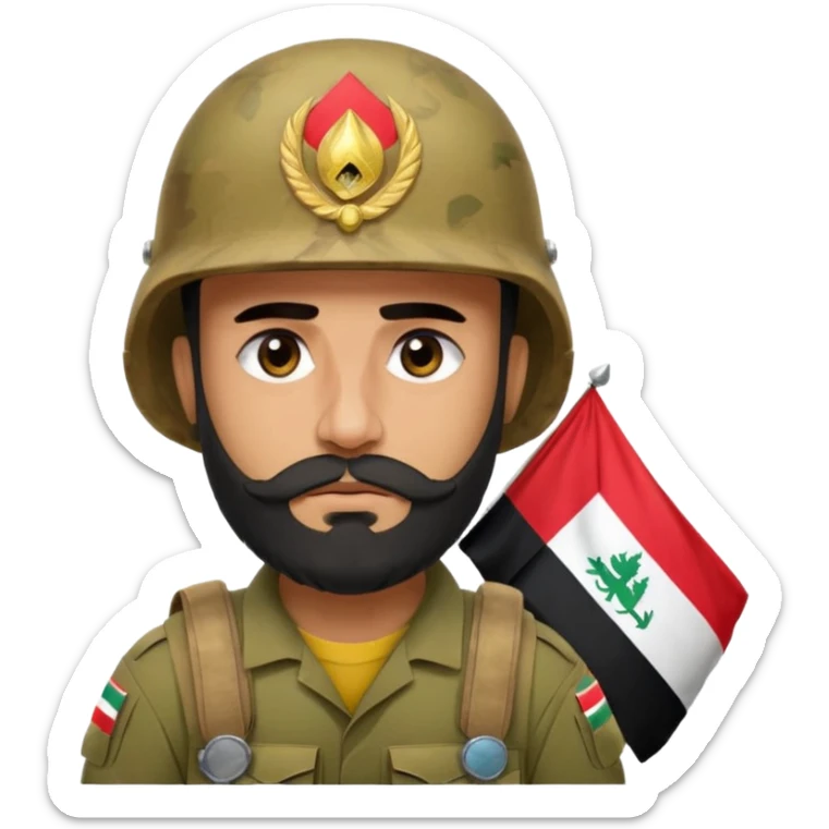 A very tired and sad, swarthy Iraqi soldier with a beard, an Iraqi flag on his helmet, a sad expression and bags under his eyes sticker