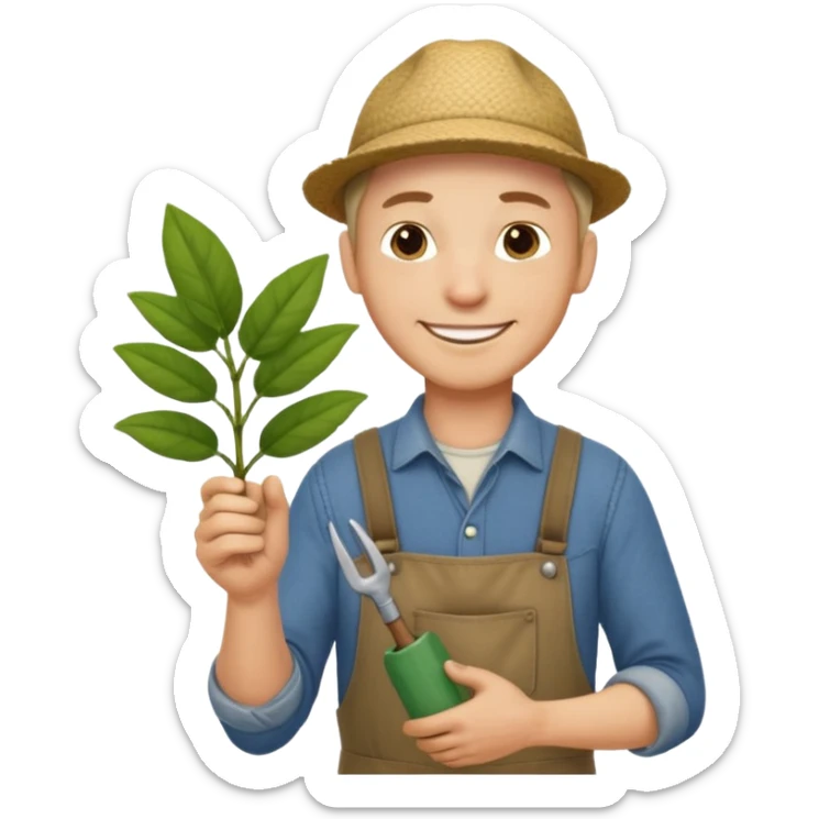 Adult male, light skin, friendly smile, casual farm-style clothes, relaxed posture, holding a plant or small tool, approachable, completely unique from other male roles sticker