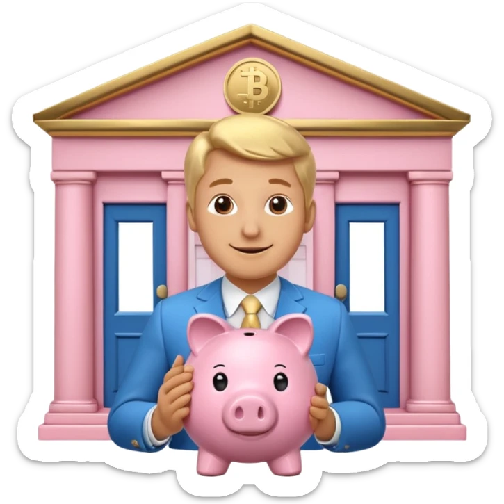 A clean emoji-style icon: A piggy bank with a coin, placed in front of a small bank building. The bank symbolizes company pension and financial security. Rounded forms, flat colors, minimal details like a standard emoji. sticker
