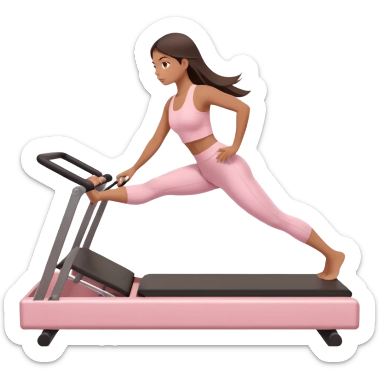 a girl doing reformer pilates, she is wearing a pastel pink fit and she has dark straight and loose hair.  sticker