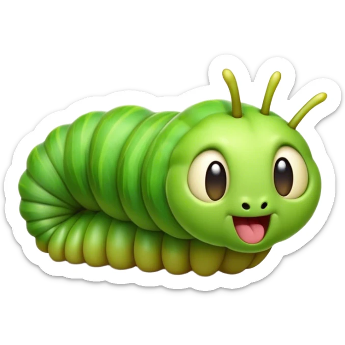 Cinematic Realistic Cute Yawning Caterpillar Portrait Emoji, Head tilted slightly with a dramatic, wide-open yawn, showcasing a soft, downy segmented body in vivid green with subtle drooping and half-closed, drowsy eyes, rendered with intricate natural texture and gentle shadows, high shine, relaxed yet expressive, styled with a dash of woodland charm, soft glowing outline, capturing the essence of a sleepy yet affectionate caterpillar that appears ready to stretch out and rest among the leaves! sticker