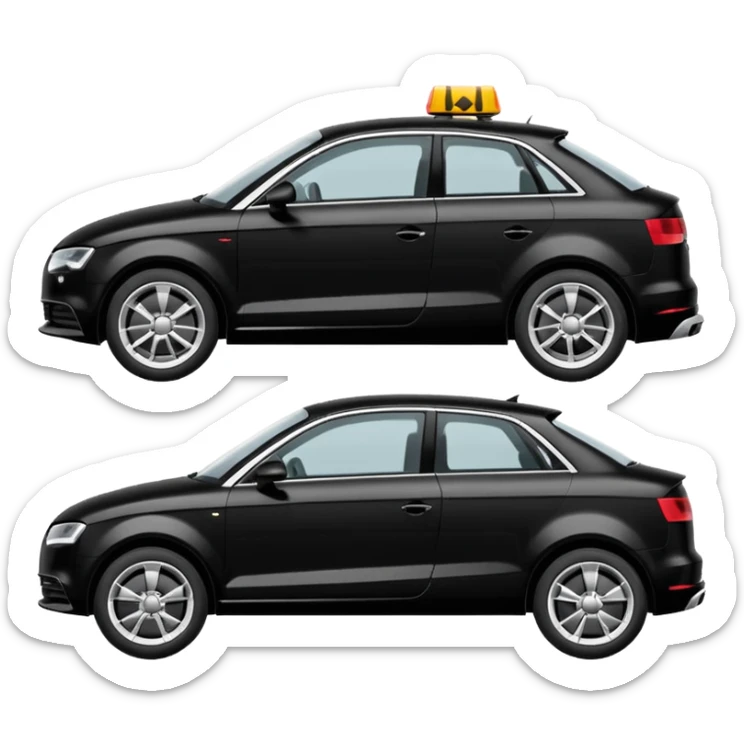 create an ios emoji of a black car, car shape must be similar to a model audi a3, being towed by a tow car. profile horizontal view on transparent background sticker