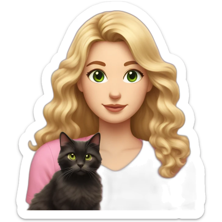 woman with green eyes and long wavy blonde hair and big boobs in a pink shirt is holding a very fluffy and fat black and tortoiseshell cat sticker