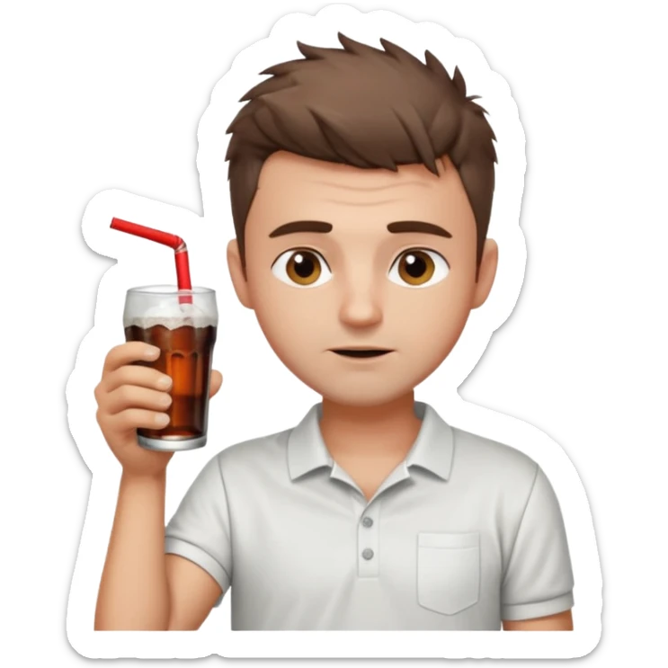 Handsome male.short messy brown hair.mowhawk hairstyle. wearing white golf shirt.grey shorts. Drinking coke . Drunk sticker