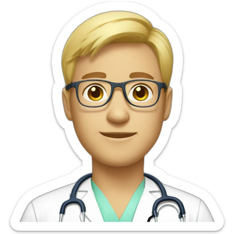 male doctor with short blond hair, clear yellow glasses, and scrubs profile pic sticker