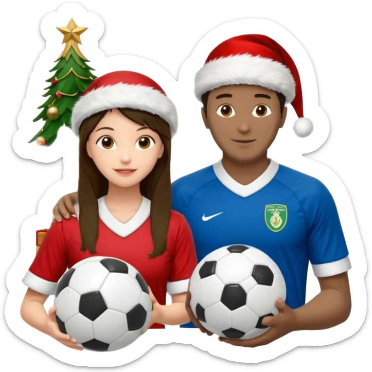 3 atletas, um homem no meio e duas mulheres com cores de pele diferentes, usando elementos esportivos, bola de futebol, luvas de luta e bola de vôlei. Coloque um chapéu de papai noel das cores verde e com uniforme azul e branco sticker