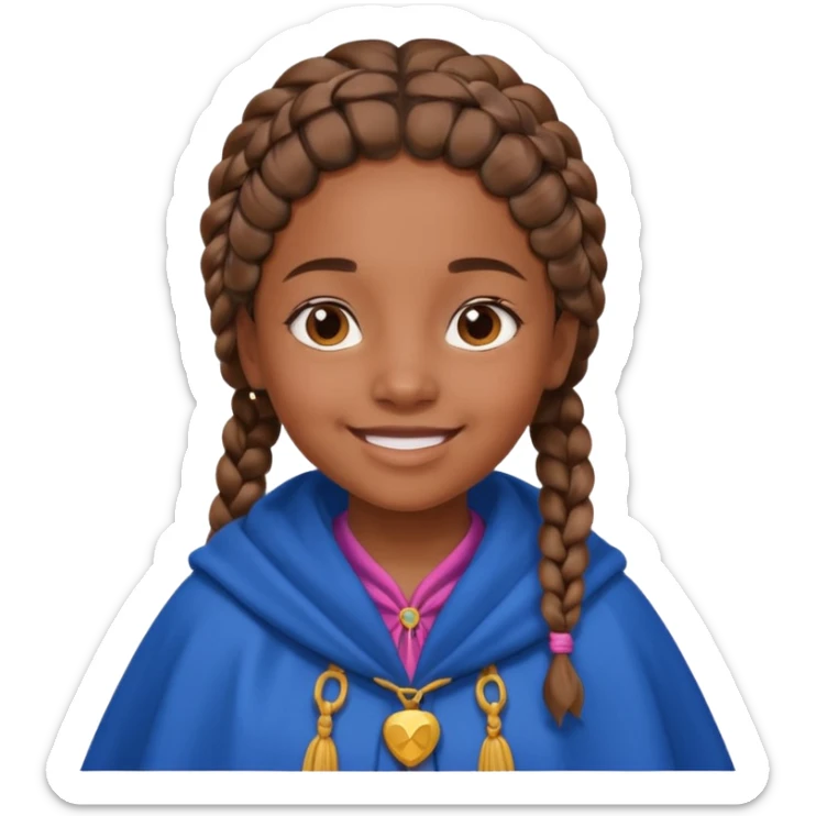 brown skin girl with braided hair, wearing blue cloak, smile sticker