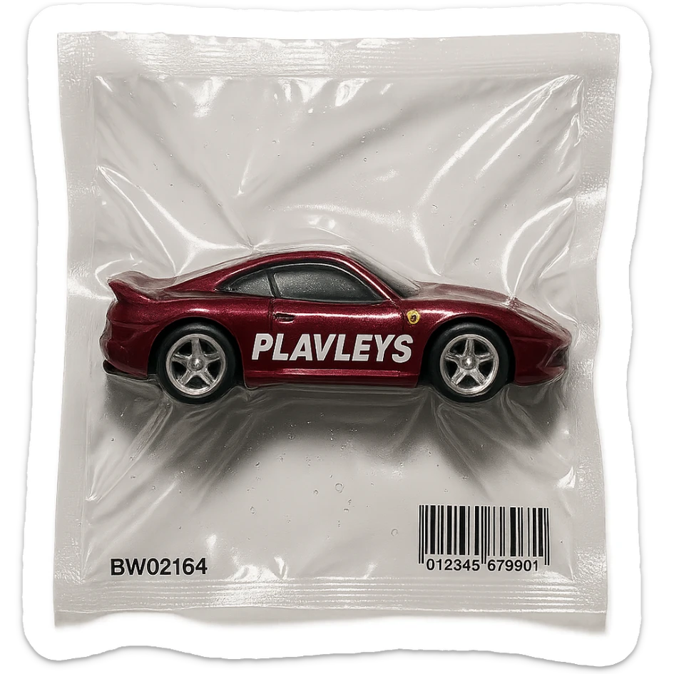 burgundy Hot Wheels toy car Ferrari with the word 'PLAVLEYS' written on the side, glossy and puffy, vacuum-sealed style sticker