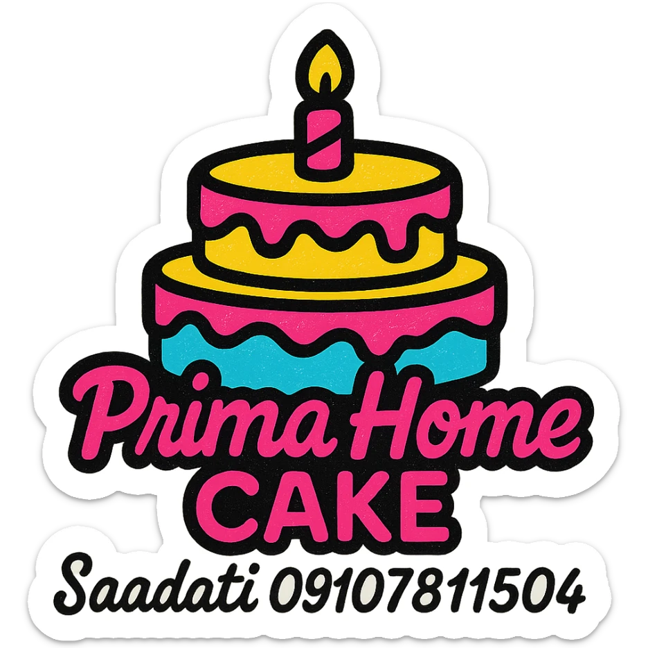 A stylish logo for 'Prima Home Cake' with the text 'Saadati 09107811504' in a printable format, playful cursive font, vibrant colors, suitable for cake decoration sticker