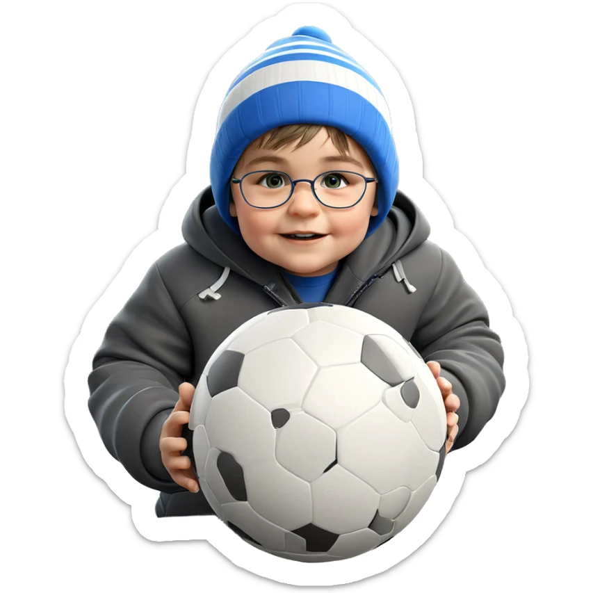 boy in hat with soccer ball sticker