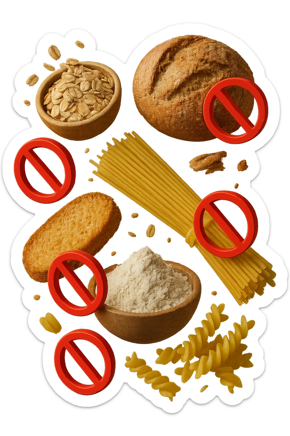 cereali, pane, pasta e farine realistici fluttuano in aria con piccoli divieti 3d, IPERREALISTICO 4K sticker