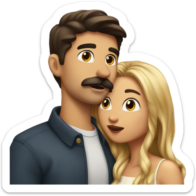 Beautiful girl kiss his boyfriend. they have dark brown hair. the man has a mustache sticker