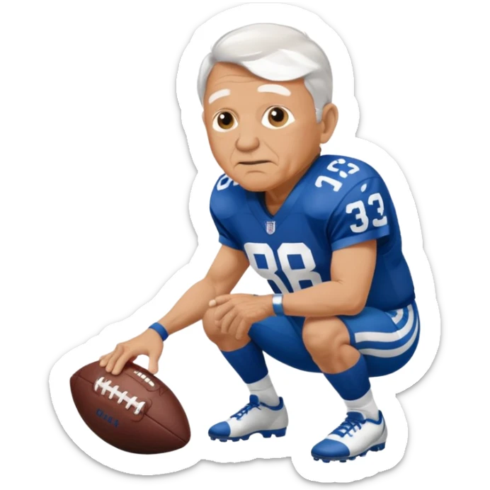 A grandpa playing football wearing an Indianapolis Colts jersey is. Show him kind of crouch down to the ground, holding the football and show the name rivers on the back of his jersey. sticker