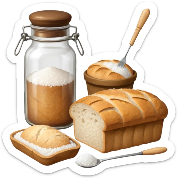 a one victorian bottle of salt and a loaf of bread - a bread bag, crochet needles and a ball of wool sticker