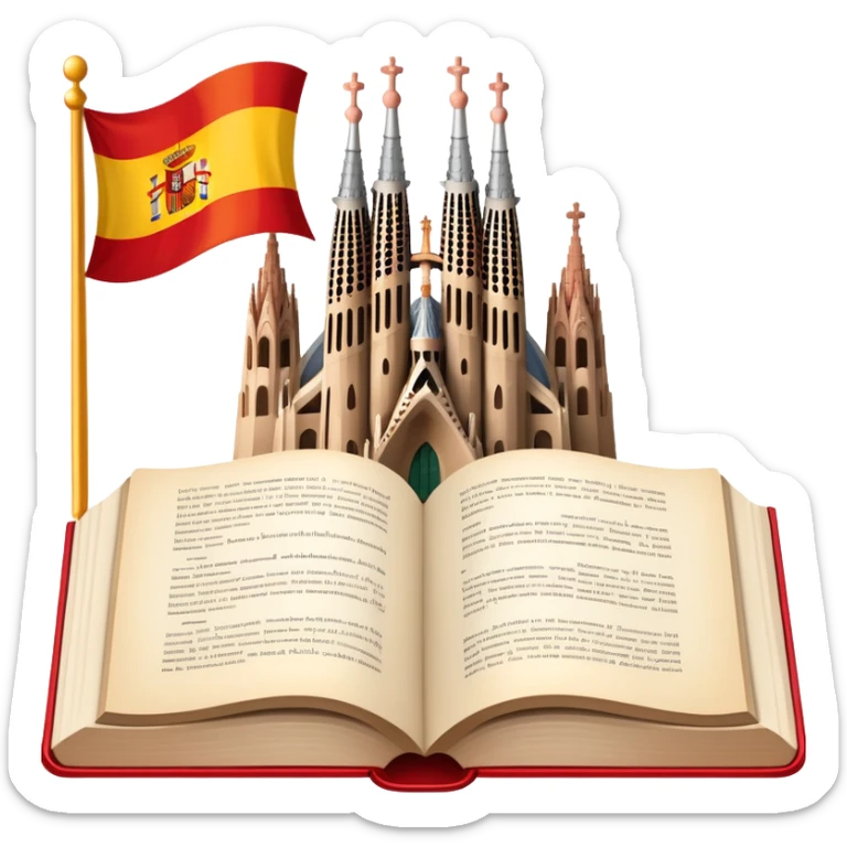 An icon featuring the Sagrada Familia and the flag of Spain, symbolizing the Spanish language. The design includes an open book with Spanish text and flamenco dancers, representing language learning and cultural heritage. Transparent background sticker
