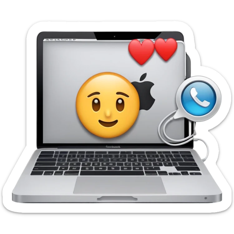 Crea una imagen donde una MacBook, una cámara y un celular estén cargando sticker