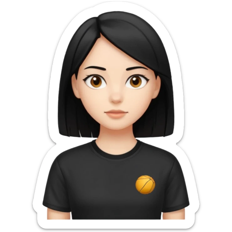 Make a girl with jet black hair that is straight  and length till shoulders| brown eyes | oval head| an aesthetic style| sporty shirt sticker