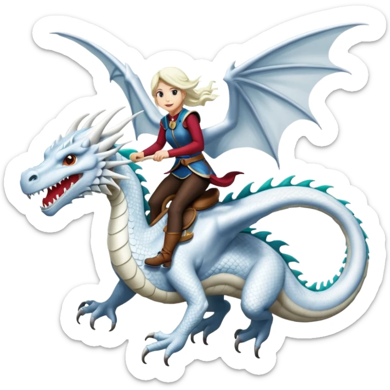 Large white dragon flying with a  female rider on top of it sticker