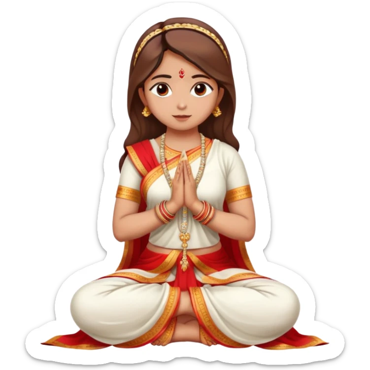 Full body Bengali girl wearing traditional red and white saree with hands joined in prayer position sticker