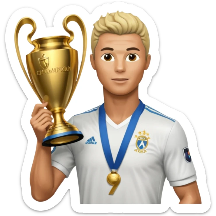 Cristiano Ronaldo holfing the champions league with noodle hair a bit longer noodle hair with a bit of blonde highlights and tge hair xoming down a bit just a bit of blonde not completely sticker