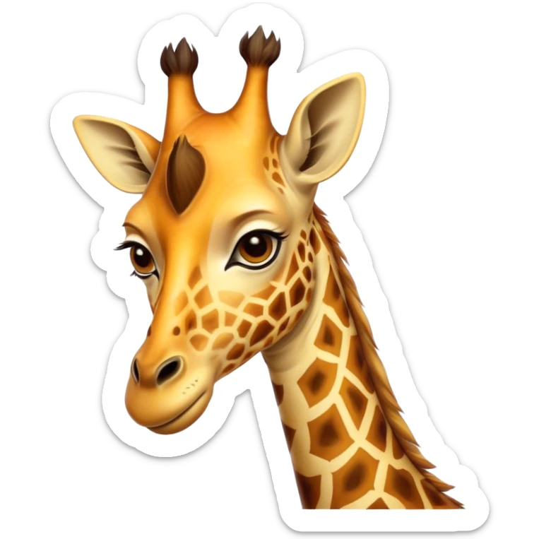 Cinematic Noble Giraffe Portrait Emoji, Poised and regal, with a towering, elegant build and a stunning, patterned Fur of warm yellows and browns, long, graceful neck and soulful, gentle eyes, Simplified yet sharp and sophisticated features, highly detailed, glowing with a soft, dignified glow, high shine, intelligent and graceful, stylized with an air of savannah majesty, focused and attentive, soft glowing outline, capturing the essence of a watchful and confident giant, so majestic it feels as though it could stretch out of the screen with effortless authority! sticker
