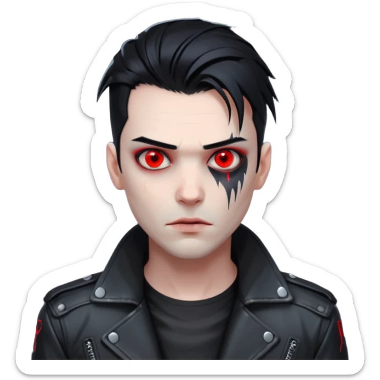Cyberpunk man, slicked hair, silver metal jaw prosthetic, glowing red eyes, cold expression, clinical lighting sticker