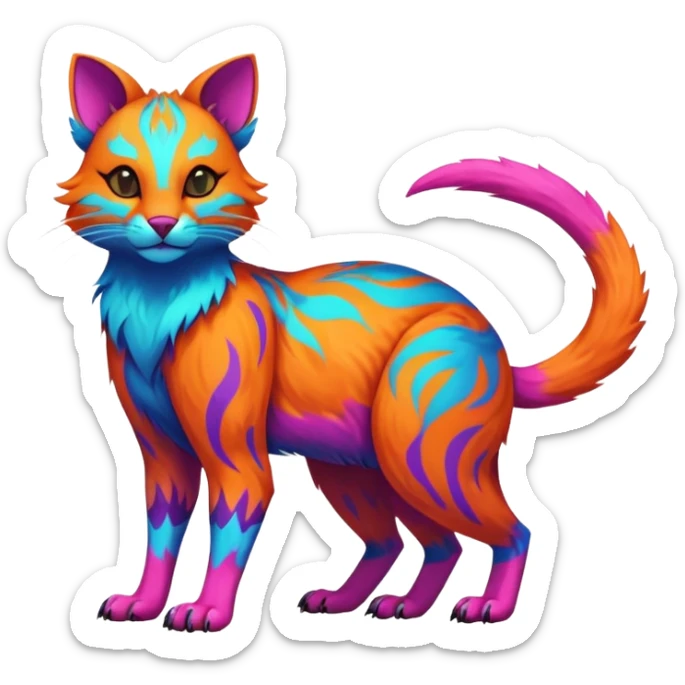 Neon-colored fantasy feline-Fionbri-canid-rodent-marsupial-critter-vernid-fursona animal creature full body with intricate markings  sticker