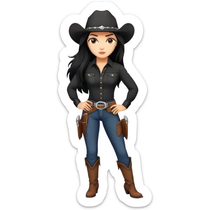 confident hot tanned woman with long black hair cowgirl style wearing black outfit with strong pose sticker