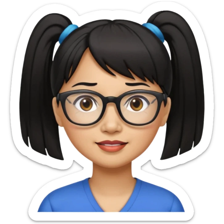 filipino woman black hair in pony tail with straight bangs and big glasses 50 yr old sticker