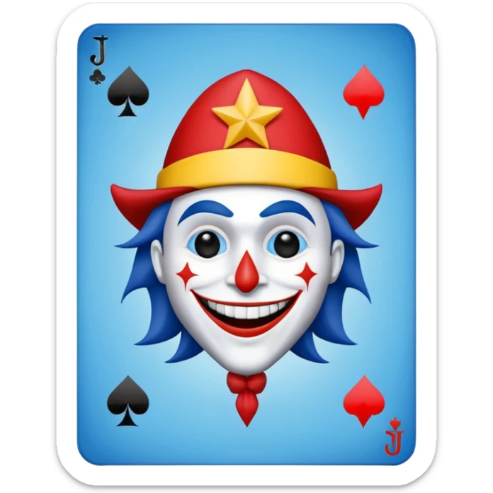 1 poker card, perfectly squared card, with crazy colorful human jolly joker inside, star symbol with a "J" sticker