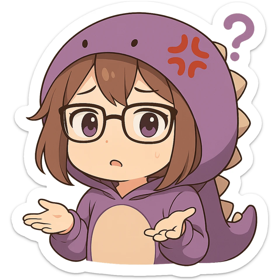 Chibi anime style gamer girl with glasses, brown hair, dark purple eyes, wearing a purple dinosaur costume, making a confused emote, no controller, same style as reference, no background. sticker