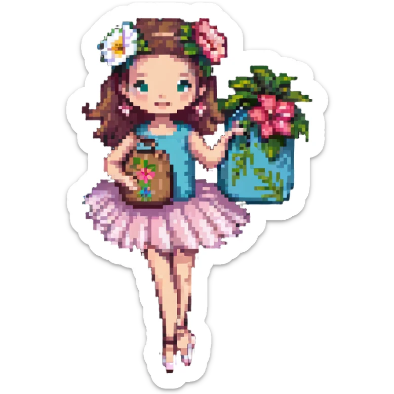 girl with a Hawaiian flower in her hair, wearing ballet heels, doing ballet with a bag sticker
