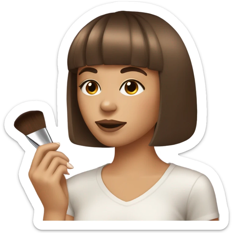 A girl with brown hair with bangs at the side of her face doing makeup sticker